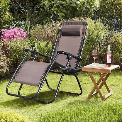 Flamaker Patio Zero Gravity Chair Outdoor Folding Lounge Chair Recliners Adjustable Lawn Lounge Chair with Pillow for Poolside, Yard and Camping (Brown)