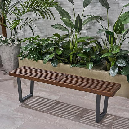 Merax 61.75" Acacia Wood Dining Bench with Iron Legs, Modern Indoor Outdoor Bench for Kitchen Table, Patio, Entryway, Brown and White