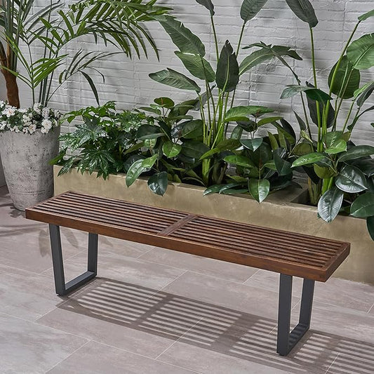 Merax 61.75" Acacia Wood Dining Bench with Iron Legs, Modern Indoor Outdoor Bench for Kitchen Table, Patio, Entryway, Brown and White