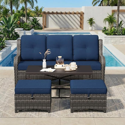 4-Piece Outdoor Couch Set, Includes Wicker Patio Sofa with Thickened Olefin Cushions, High Back and Deep Seating, Hand-Woven PE Rattan and 2 Ottomans, 1 Coffee Table for Porch, Deck