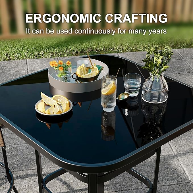 31.5 Inch Outdoor Patio Bar Table with Tempered Glass Top, Square High Top Pub Table All Weather Metal Frame for Balcony, Backyard, Poolside, Garden Furniture