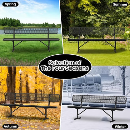 8 FT Heavy Duty Metal Park Bench for Outside, Black Bench with Backrest,4-6 Person Seat, Outdoor Commercial Metal Mesh Benches for Shopping Mall, Lawn, Park, Deck, Garden, Patio, Porch