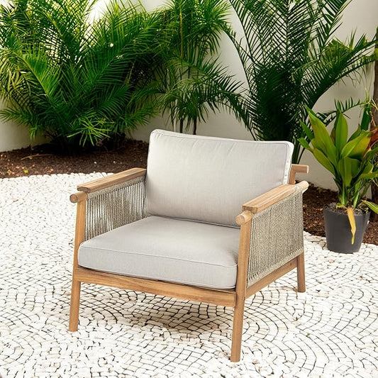 Christopher Knight Home Hadley Patio Club Chairs with Water-Resistant Cushion, Acacia Wood Lounge Chair Outdoor, Wooden Outdoor Accent Chair, Armrest Sofa Set for Garden Porch Backyard, Teak+Beige