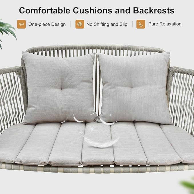 PURPLE LEAF 2-Seat Cloud Swing Chair with Stand Patio Wicker Bench Glider Loveseat Hanging Swinging for Indoor Outside Backyard Garden Outdoor Hammock Porch Swing, Cushion and Pillows Included, Cream