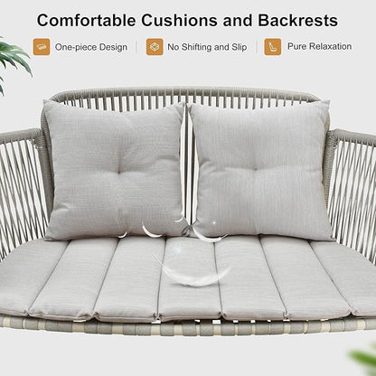 PURPLE LEAF 2-Seat Cloud Swing Chair with Stand Patio Wicker Bench Glider Loveseat Hanging Swinging for Indoor Outside Backyard Garden Outdoor Hammock Porch Swing, Cushion and Pillows Included, Cream