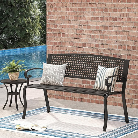 VICLLAX Outdoor Garden Bench, 50” Long Metal Patio Bench with Backrest and Armrests, Modern Slatted Black Park Bench for Front Porch, Lawn, Yard, Garden, Square Pattern Back