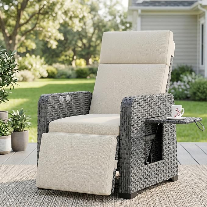 Restland Outdoor Recliner with Independent Adjustable Back & Footrest Wicker Patio Reclining Chair with Flip Table - Photo 1