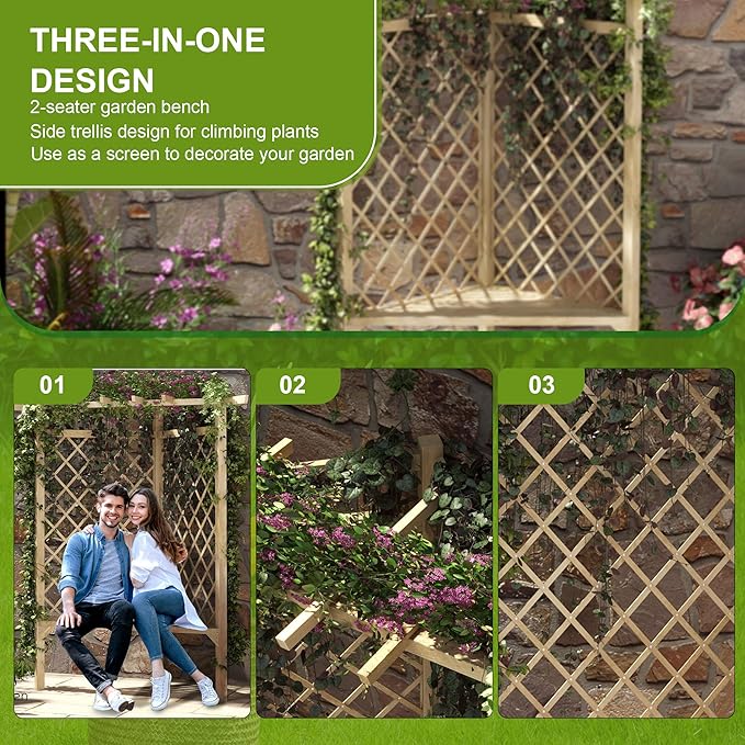 Outsunny 55" Garden Arch Bench, Wooden Trellis Park Bench with Slatted Seat for Outside, Lattice Backrest for Vines & Climbing Plants Outside On Deck, Lawn, Porch, Natural