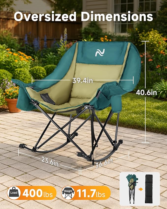 Slsy Oversized Rocking Camping Chair for Adults, 400 lbs Heavy Duty Padded Recliner with Side Pocket, Cup Holder & Carry Bag, Foldable Outdoor Lawn Chair for Patio, Backyard, or Camp