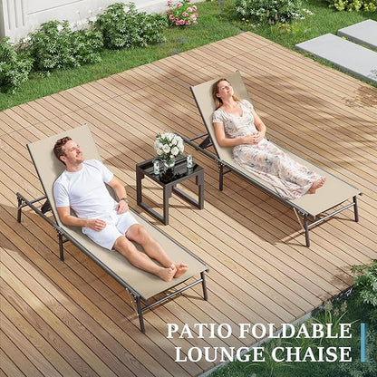 UDPATIO Foldable Patio Lounge Chair Sets with Side Table, No Assembly Outdoor Chaise Lounge with 5-Positions, Poolside Lounge Chairs with Portable Design for Pool, Beach, Deck, Backyard