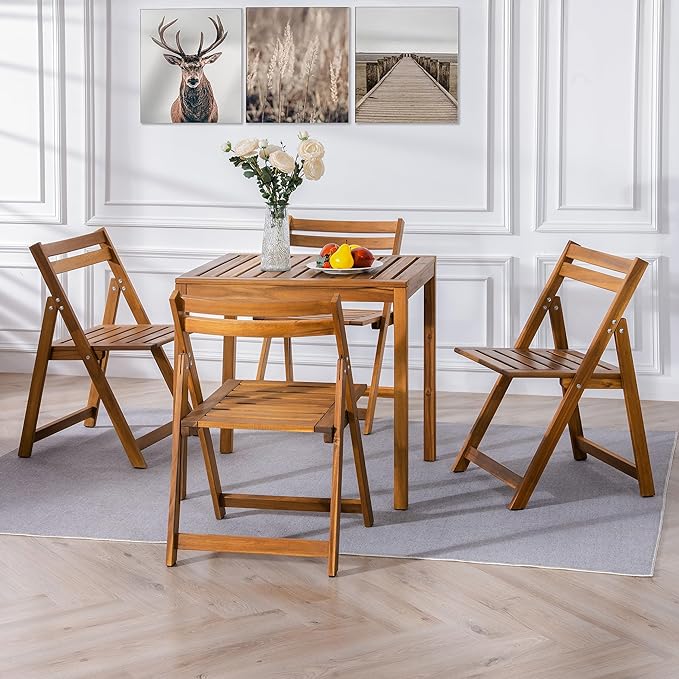 Acacia Wooden Chairs Set of 4, Folding Waterproof Small Patio Chairs with Waterproof and UV Coating, Indoor Outdoor Bistro Set for Garden Balcony Patio Lawn Living Room