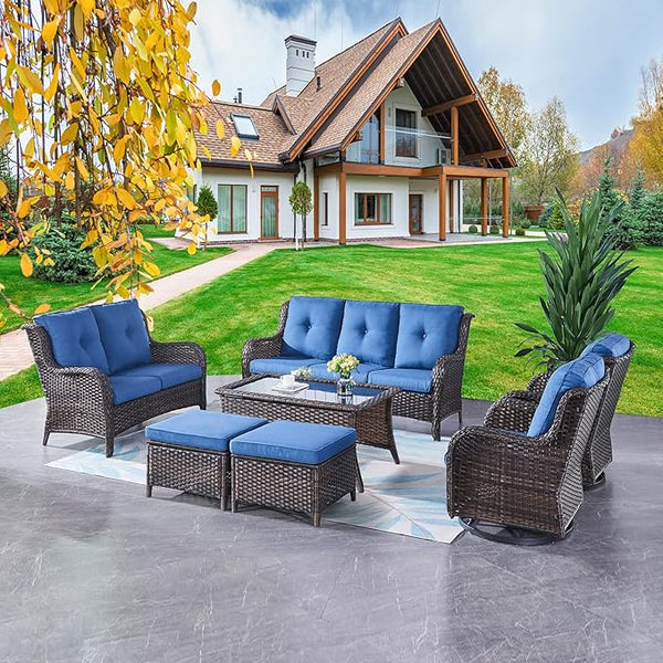 Rilyson Wicker Patio Furniture Set - 7 Piece Rattan Outdoor Sectional Conversation Sets with 2 Rocking Swivel Chairs - Photo 1