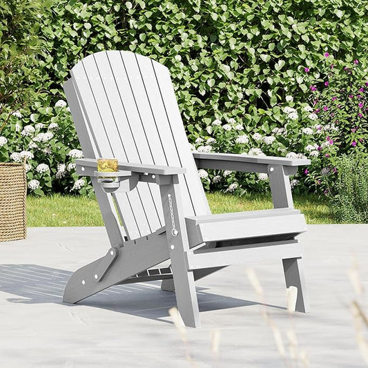 HDPE Foldable Adirondack Outdoor Chair with Cup Holder, Weather Resistant Heavy-Duty Patio Chair for Patio, Backyard, Deck, Fire Pit, Lawn and Porch, White