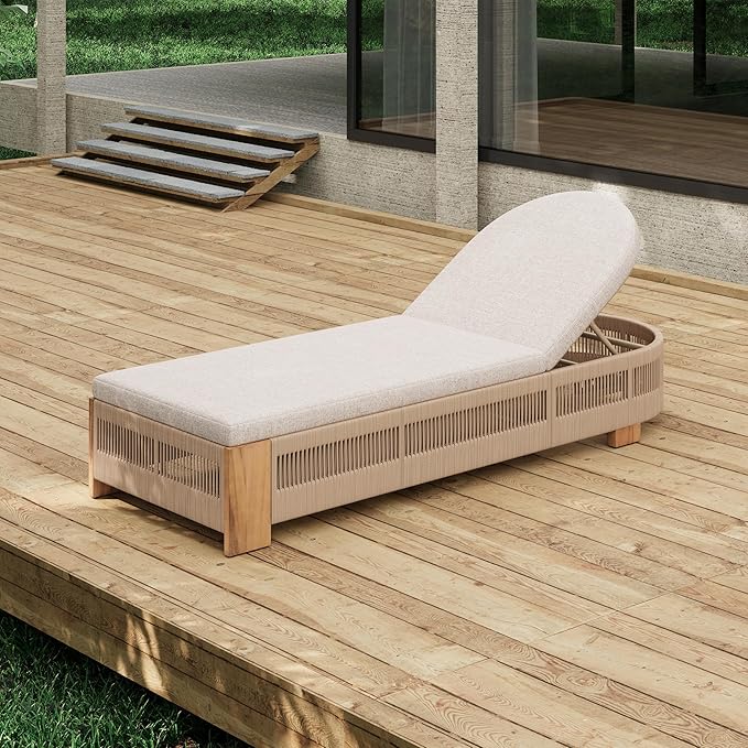 Merax Outdoor Chaise Lounge Chair with Adjustable Backrest & Waterproof Cushion - Acacia Wood Pool Sun Lounger for Patio, Beach, Yard, Garden, Beige
