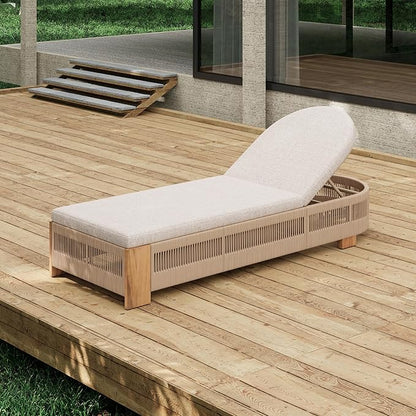 Merax Outdoor Chaise Lounge Chair with Adjustable Backrest & Waterproof Cushion - Acacia Wood Pool Sun Lounger for Patio, Beach, Yard, Garden, Beige