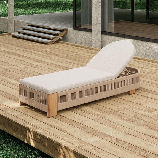 Outdoor Chaise Lounge Set, Patio Chaise Lounge Chairs with Side Table, Teak Chaise Lounge Outdoor with Adjustable Backrest, Teak Faux Wood Side Table and Beige Cushions for Outdoor Use (Beige-2pcs)