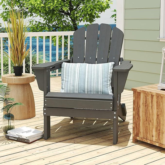 Domi Folding Adirondack Chair, HDPE All-Weather Outdoor Chair with Cup Holder, Wooden Textured Fire Pit Chair for Backyard, Patio, Poolside & Deck, Grey