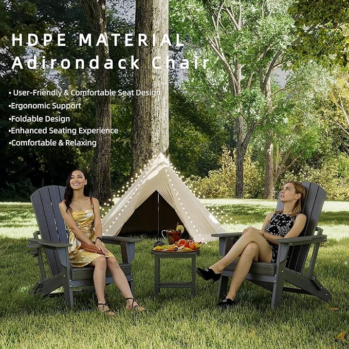 Folding Adirondack Chair Set of 2, HDPE Outdoor Patio Chair with Cup Holder, All Weather Plastic Lawn Chair with Wide Armrests, Portable Patio Chair for Backyard Deck Garden Fire Pit Poolside, Grey
