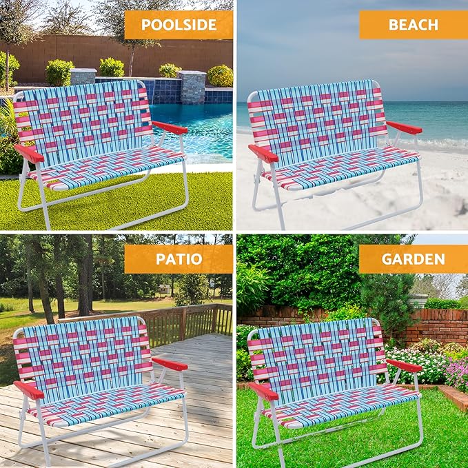 Camp & GO 16.5" High Seat Outdoor Double Wide Loveseat Web Folding Chair, Blue/Red - Photo 4