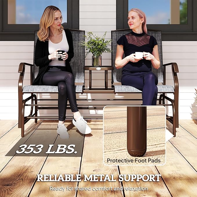 Outsunny Outdoor Glider Bench with Center Table, Metal Frame Patio Loveseat with Breathable Mesh Fabric and Armrests for Backyard Garden Porch, Gray