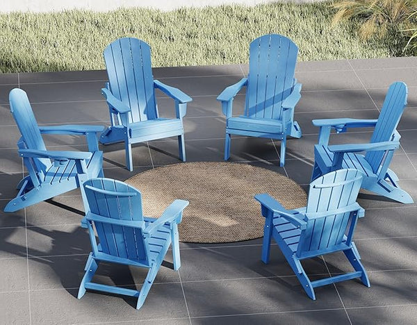 Plawdlik Folding Adirondack Chair Set of 6 with Cup Holder，Wooden Textured ，Heavy All-Weather HDPE Comfortable Set - Photo 1