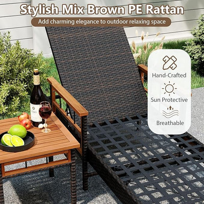 Tangkula Lounge Chair Outdoor with Side Table, Patio Rattan Reclining Chair Set with 4-Level Adjustable Backrest & Acacia Wood Armrests, 2-Piece Wicker Lounger Furniture Set with Soft Cushions (Beige)