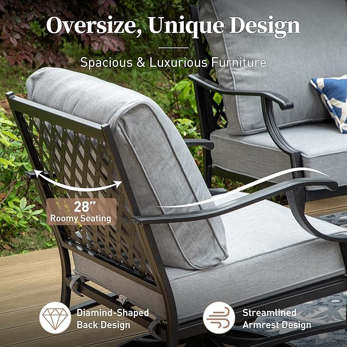 Metal Outdoor Rocker Patio Chairs Set of 2 with 5.75" Extra Thick Cushion, 2 Piece High Back Rocker Patio Chairs All Weather Outdoor Furniture Seating for Deck Balcony Porch, Gray