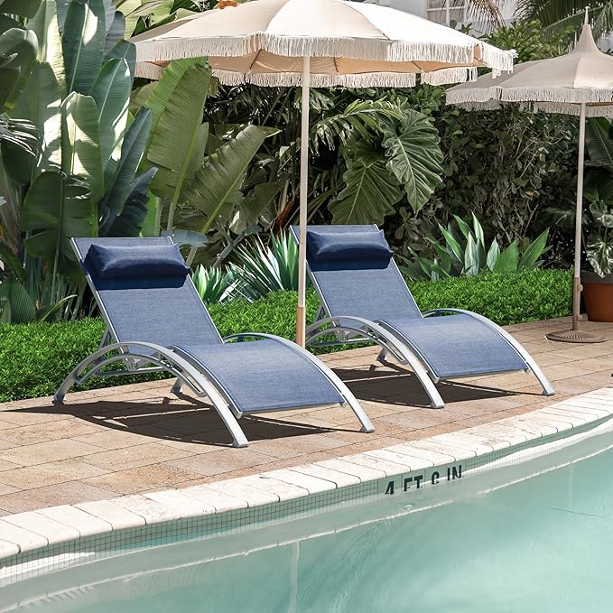 Domi Pool Lounge Chairs Set of 2, Aluminum Adjustable Outdoor Chaise Lounge, All Weather Poolside Chairs for Deck Lawn Poolside, Textilene (Navy Blue)