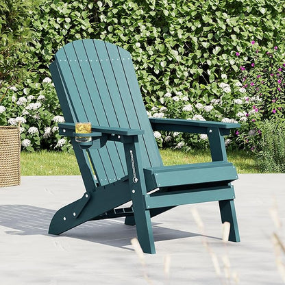 HDPE Foldable Adirondack Outdoor Chair with Cup Holder, Weather Resistant Heavy-Duty Patio Chair for Patio, Backyard, Deck, Fire Pit, Lawn and Porch, Lake Blue