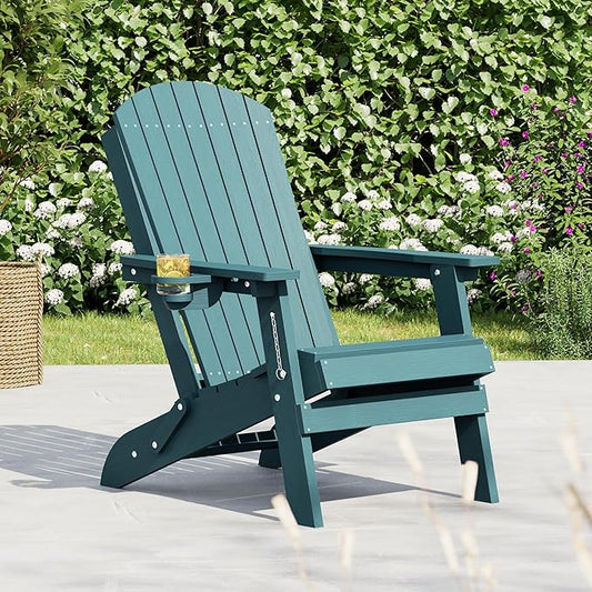 HDPE Foldable Adirondack Outdoor Chair with Cup Holder, Weather Resistant Heavy-Duty Patio Chair for Patio, Backyard, Deck, Fire Pit, Lawn and Porch, Lake Blue