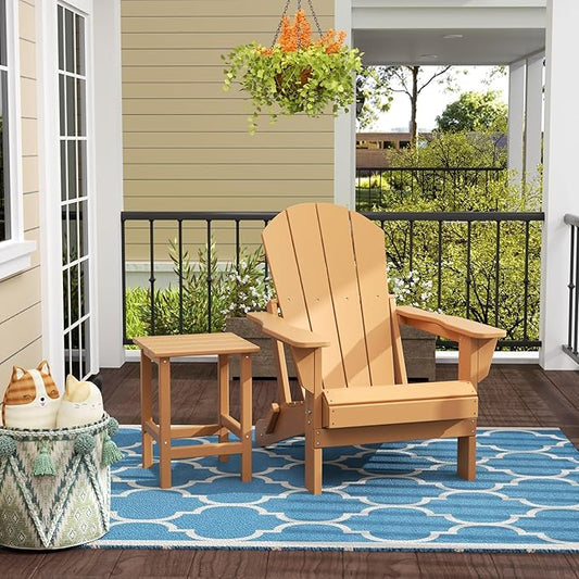 WestinTrends Malibu 2-Pieces Adirondack Chair Set with Side Table, All Weather Outdoor Seating Plastic Patio Lawn Chair Folding for Outside Porch Deck Backyard, Teak