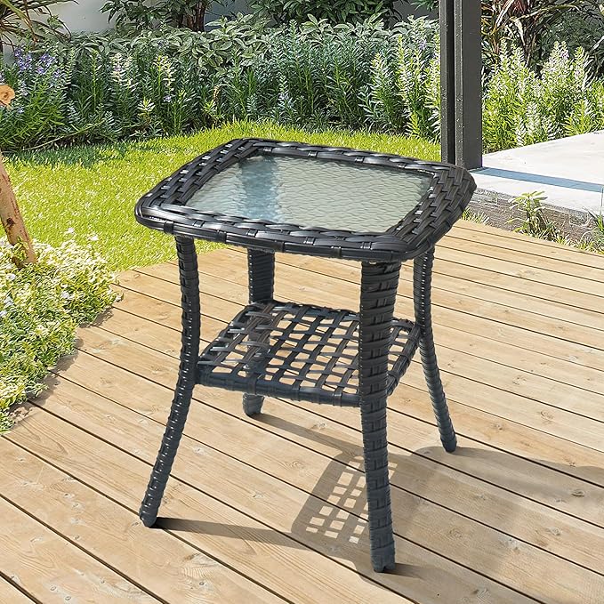 ovios Outdoor Side Table with Tempered Glass Top, Patio Wicker Rattan Bistro Coffee Tables with 2 Tiers Storage for Porch Deck Balcony Garden Poolside, Brown