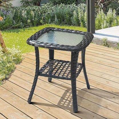 ovios Outdoor Side Table with Tempered Glass Top, Patio Wicker Rattan Bistro Coffee Tables with 2 Tiers Storage for Porch Deck Balcony Garden Poolside, Brown