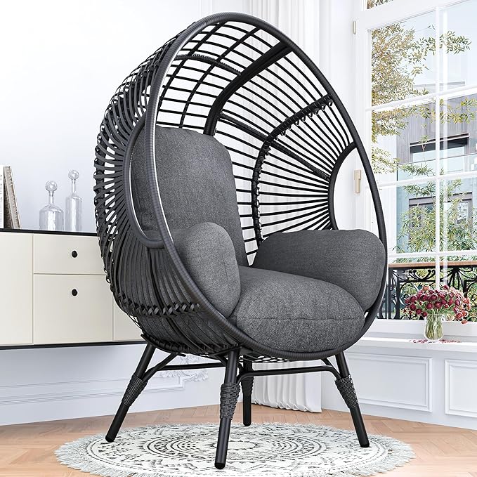 Oversized Wicker Egg Chair, Outdoor Indoor Rattan Patio Egg Lounge Chairs with Cushion 500lbs Capacity for Living Room, Balcony, Backyard(Black)