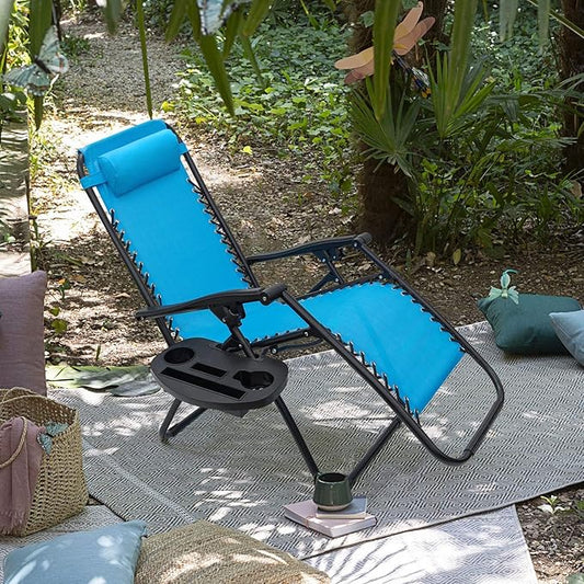 Kemon Zero Gravity Folding Lounge Outdoor Patio Adjustable Reclining Chair with Pillows and Cup Holders for Beach Set of 2, Blue, KM-CLB