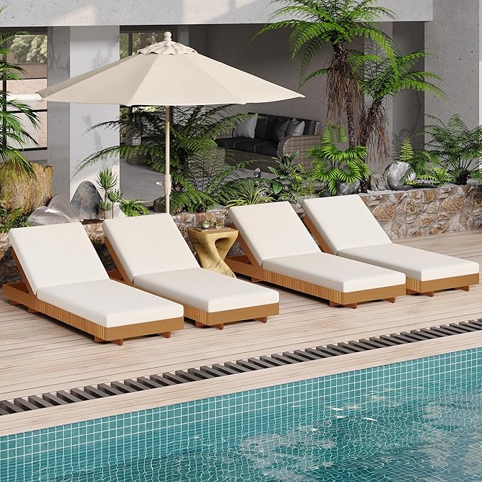 Merax 4-Piece Acacia Wood Chaise Lounge Set w/ 6-Position Adjustable Backrest & Cushion - Outdoor Patio Poolside Furniture, Beige