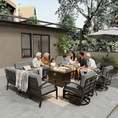 Gotland Outdoor Aluminum Patio Furniture Set with Fire Pit Table, 7 Pieces Metal Patio Furniture with 2 Swivel Rocking Chairs 11 Seats Waterproof 5.1'' Seat Cushions, for Garden Balcony Porch Gray