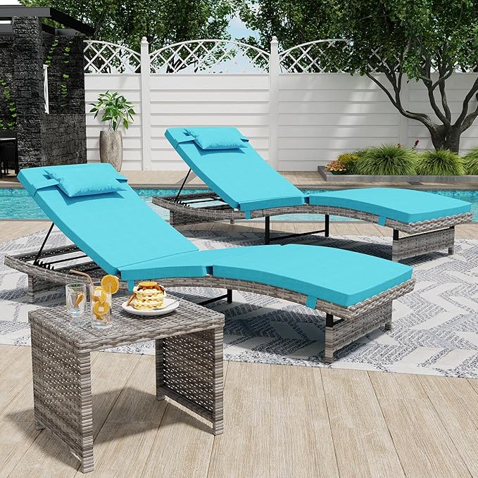 Long Reclining Chair Lounge Set (Set of 3), Modern Outdoor Patio Furniture with Adjustable Backrest & Side Table - Photo 1