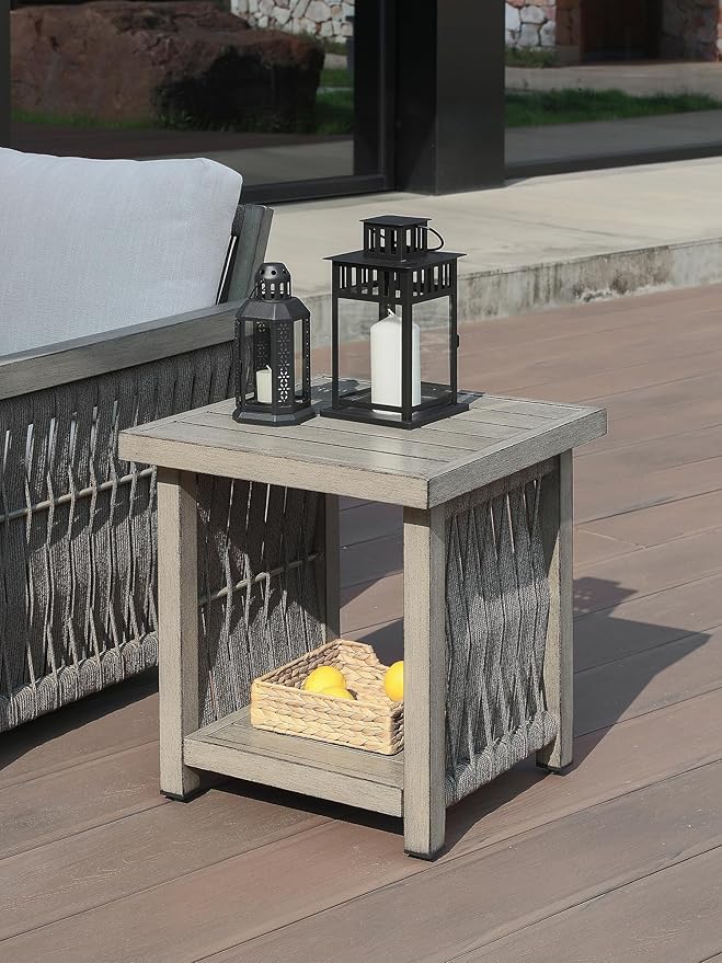 Outdoor Side Table, Aluminum Square Patio Side Table, 2-Tier Rope Weave Outdoor End Table with Adjustable Legs - Photo 2