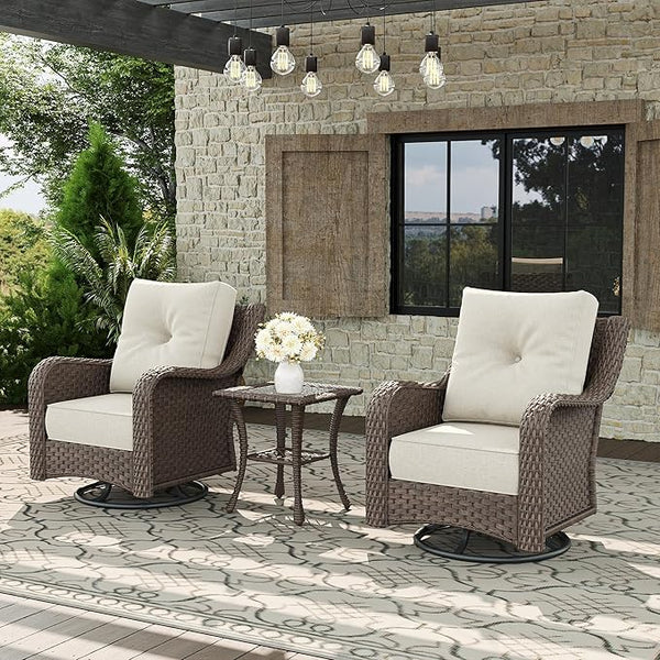 3 Piece Patio Furniture Set, All-Weather Wicker Outdoor Conversation Set with Swivel Rocking Chair and 6 Inch Thick - Photo 1