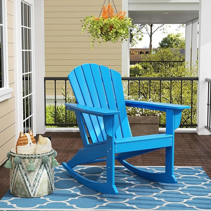 Costaelm Outdoor Adirondack Chair, All Weather Resistant Lawn Chairs Balcony Chair and Fire Pit Chairs, Deck Chairs Outdoor Porch Rocking Chair High Back HDPE Poly Lumber, Pacific Blue