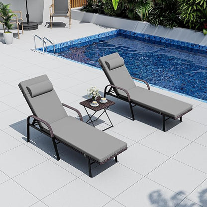 Patio Chaise Lounge Set 3 Pieces Outdoor Lounge Chair with Rattan Adjustable Backrest Armrest and Folding Table for Beach Patio,Sand, for Poolside Backyard Porch
