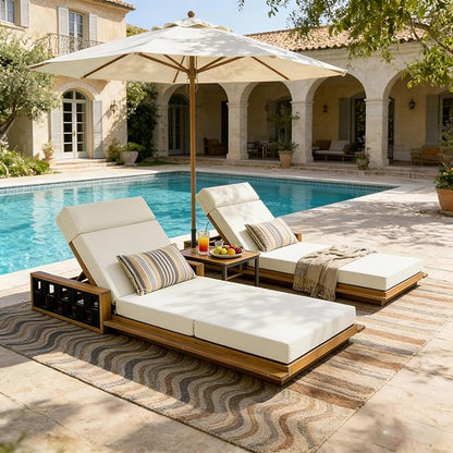 Merax Acacia Wood Patio Chaise Lounge with 4-Position Adjustable Backrest, Outdoor Sunbathing Recliner Chair & 4" Thick Four-fold Cushion for Poolside, Garden, Backyard, Patio, Beige