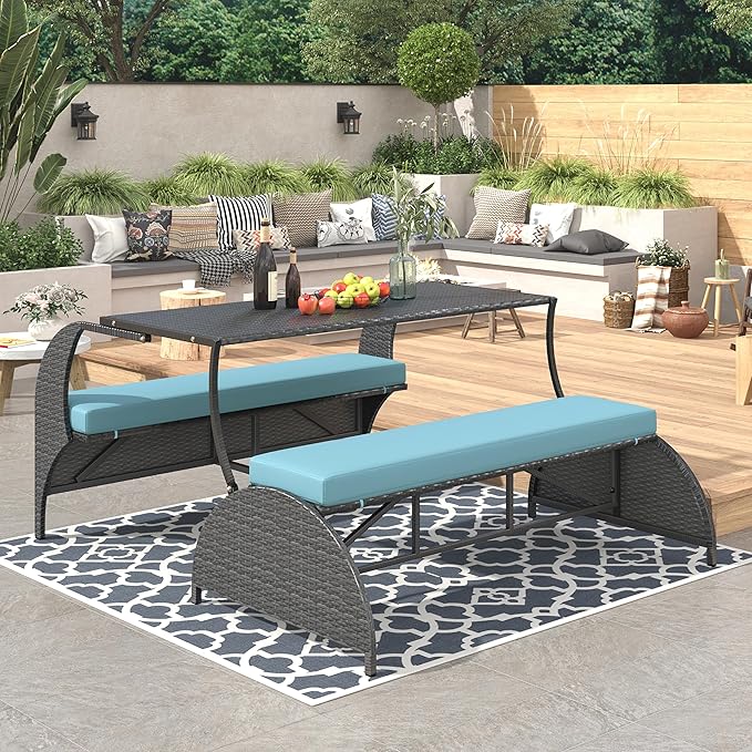 2-in-1 Convertible Picnic Upholstered Bench,57.1" Outdoor Loveseat,Portable Picnic Table Couch,Convertible to 4 Seats&1 Table,for Garden,Lawn,Backyard,Porch,Patio, Blue