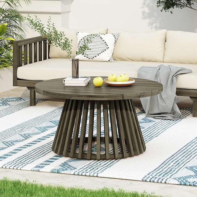 Merax Patio Outdoor Acacia Wood Round Coffee Table for Backyard, Lawn, Balcony, Grey Finish - Photo 2