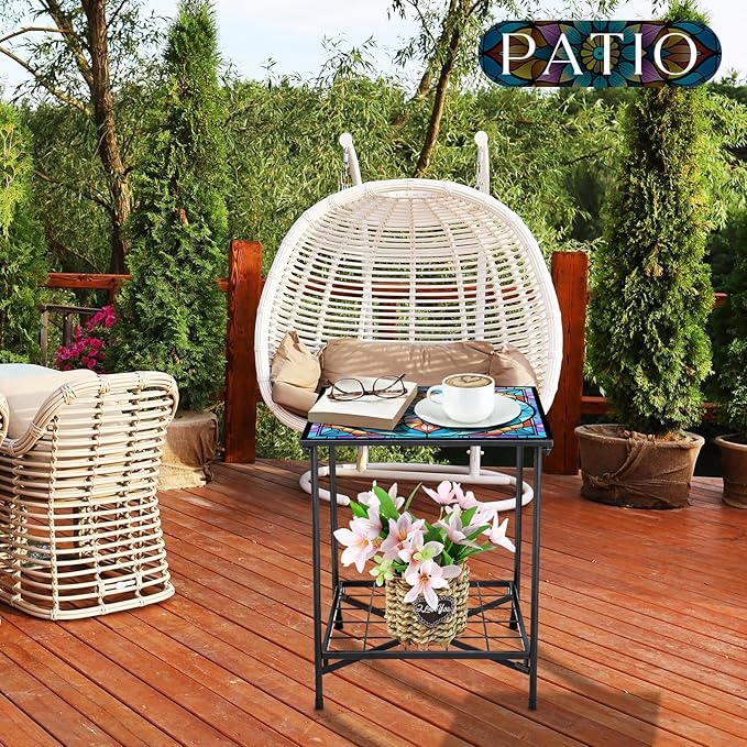 Outdoor Side Table 2-Tier Storage Square Small Mosaic Patio Accent Indoor End Plant Coffee Tea Table for Yard Patio Porch Garden Living Room, Bedroom(Mandala Style)