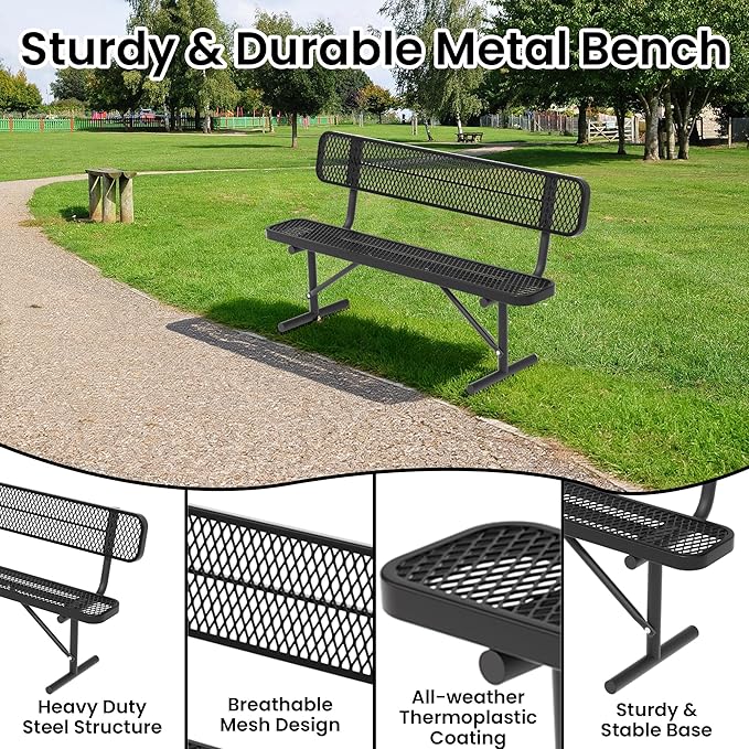 6 FT Heavy Duty Park Bench, Outdoor Metal Black Bench with Back-Commercial Steel Benches for Outside, 2-4 Person Seat-Garden Benches with Portable Frame for Outdoors