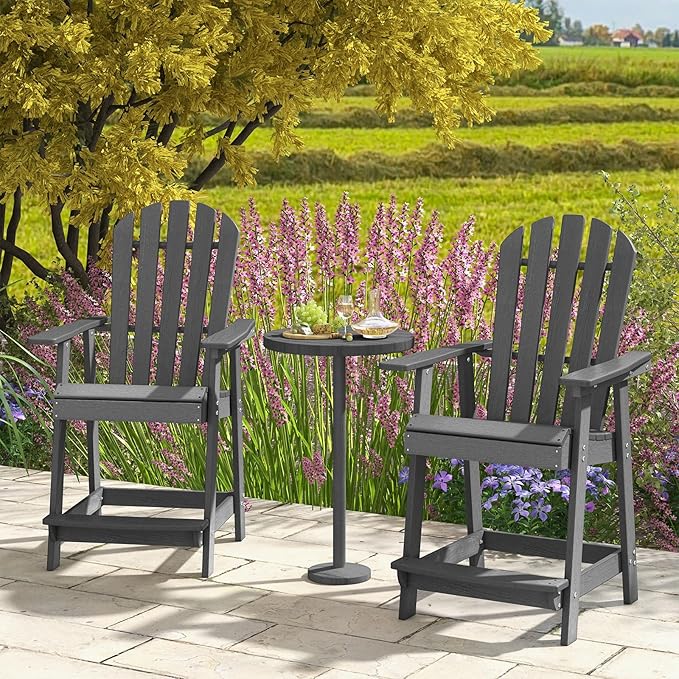 Tangkula Outdoor Bar Stool, HDPE Tall Adirondack Chair with Armrest & Footrest, Weather Resistant 47 Inch Counter Height Barstool Lifeguard Chair for Pool Deck Patio Garden, Balcony Chairs (2, Gray)