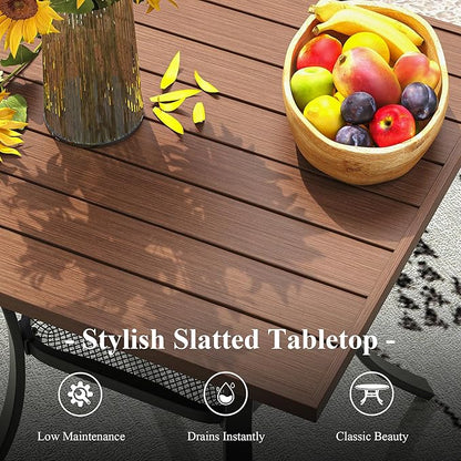Outdoor Dining Table with Storage Shelf, 27.5" All-Weather Square Patio Dining Table for 2, Metal Patio Table for Garden Lawn Porch Deck Yard, Walnut