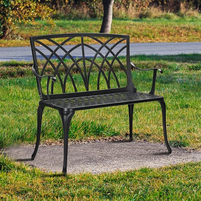 38" Outdoor Bench,Metal Outside Benches for Garden,Patio,Front Porch, Park, Yard, with Armrest and Backrest,Weatherproof,Water Resistant,Aluminum,Support up to 550lbs,Black